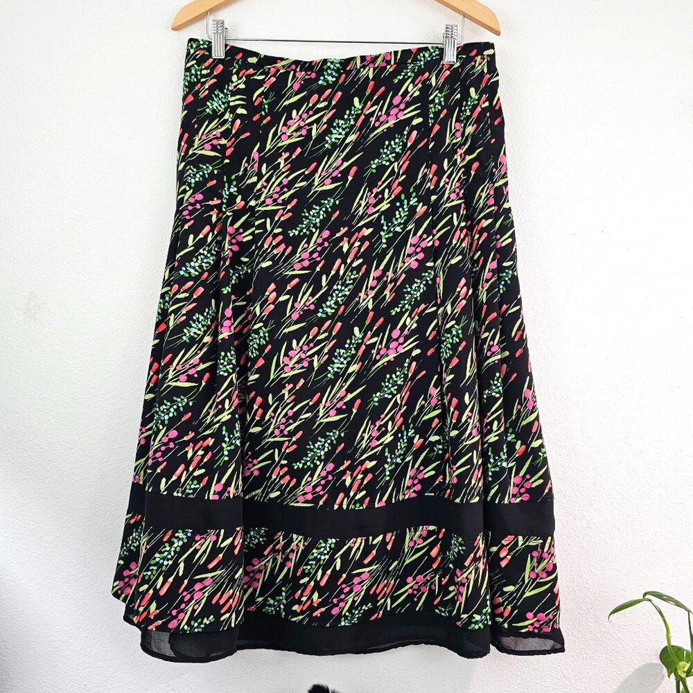 American Vintage Floral Garden Midi Skirt Sz 12 Black Pink Trim Casual Work Boho